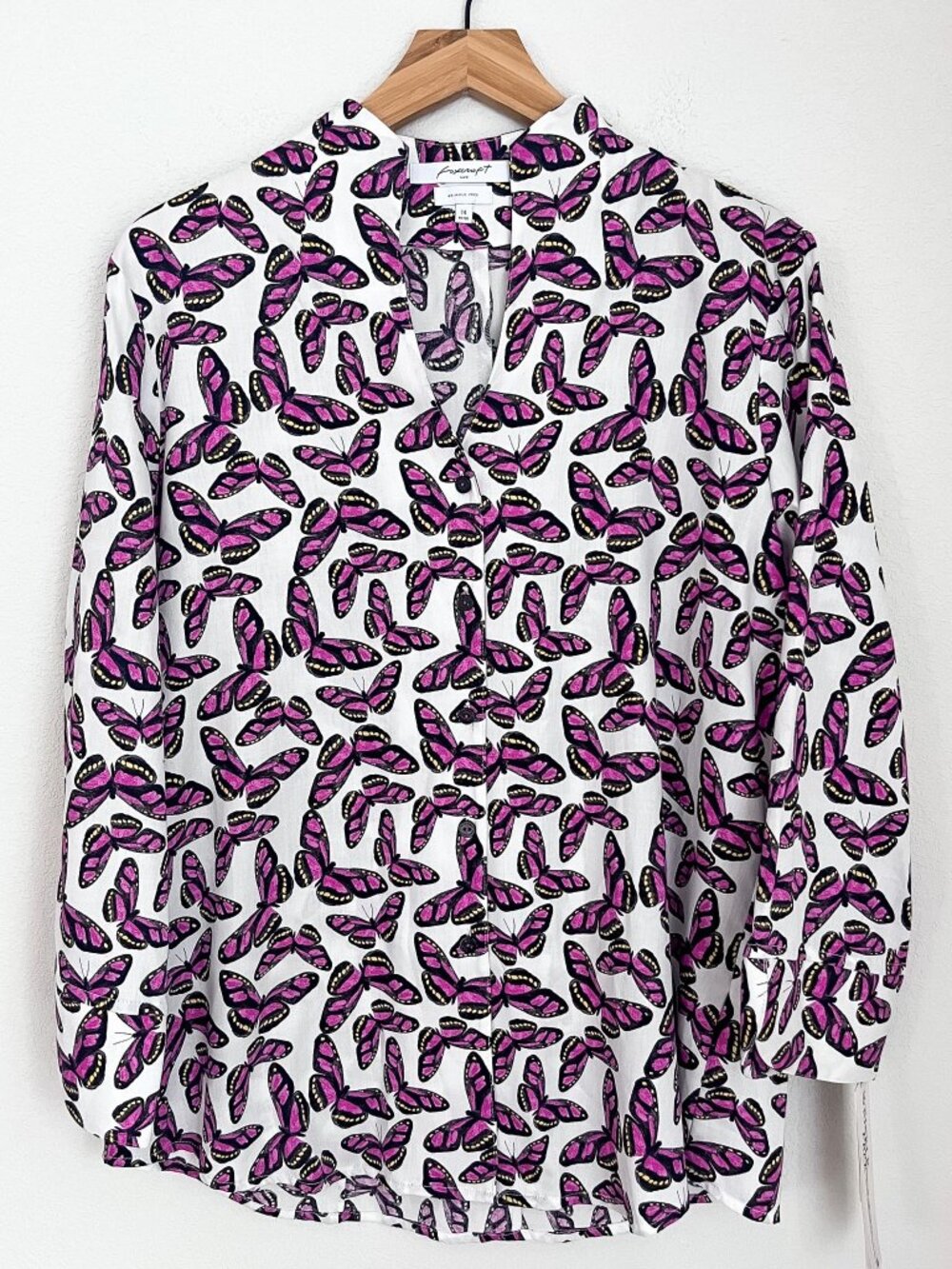 NWT Foxcroft Iris 14 Fuchsia Butterfly Wrinkle Free Cotton 3/4 Sleeve Shirt